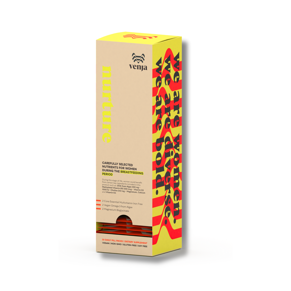 Venja product packaging with red and yellow design on a white background